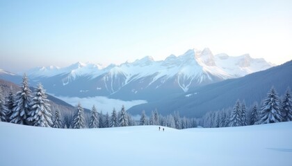 Fototapeta premium Snowy mountain serenity with adventurers