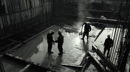 Workers managing the concrete pouring process at a building site