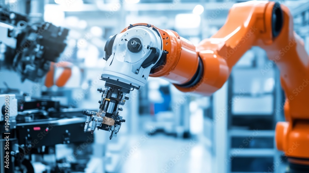 Poster A robot performing automated assembly in a sleek, high-tech robotics assembly plant with clean, organized assembly lines and advanced robotic arms