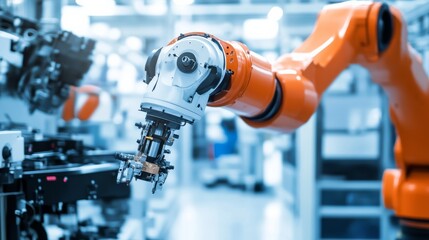 A robot performing automated assembly in a sleek, high-tech robotics assembly plant with clean, organized assembly lines and advanced robotic arms