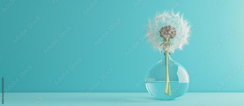 Poster a sizable soft dandelion in a clear vase set against a turquoise background with room for text or ad