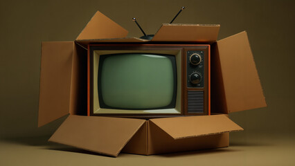 A Unique Display of a Vintage Television Set Inside a Decorative Cardboard Box