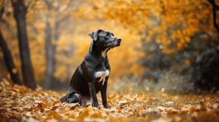 Black dog posing calmly in forest with autumn leaves