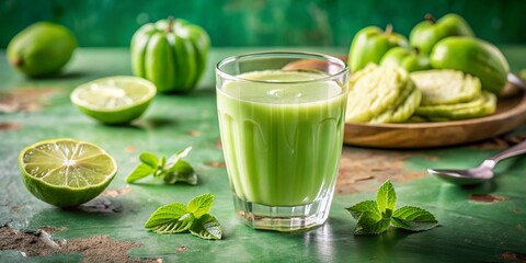Fototapeta premium Refreshing Chayote Juice in Fluted Glass with Lime Zest and Slices for Healthy Beverage Photography