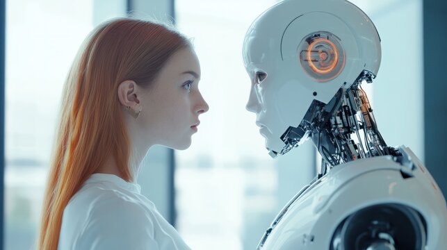 Woman opposite AI. The concept of confrontation between humanity and artificial intelligence