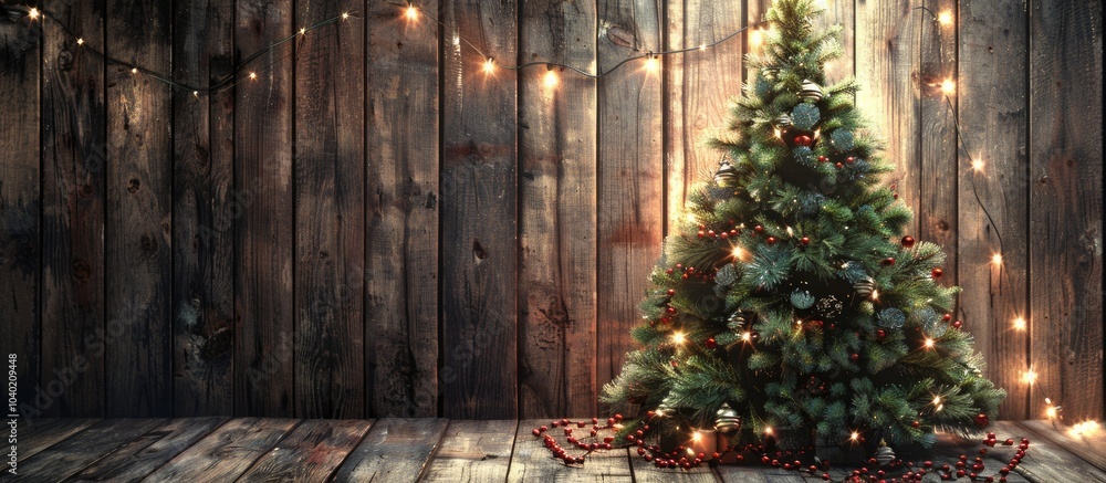 Poster a christmas fir tree and garland are displayed against a rustic wooden backdrop with ample copy spac