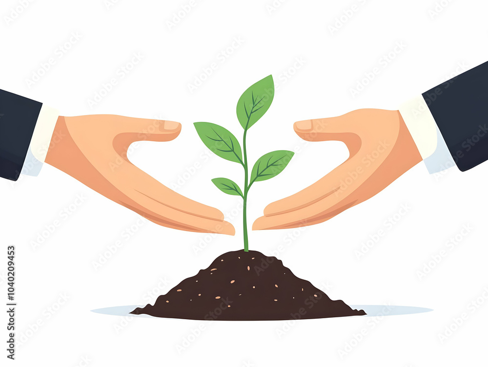 Poster flat plain hands passing seedling small glossy white background ample copy space close up growth com
