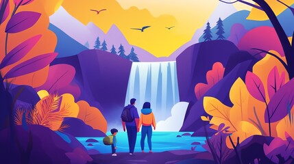 Family enjoying scenic waterfall amid colorful foliage and mountains.