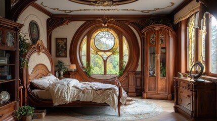 Elegant vintage bedroom with ornate wooden furnishings