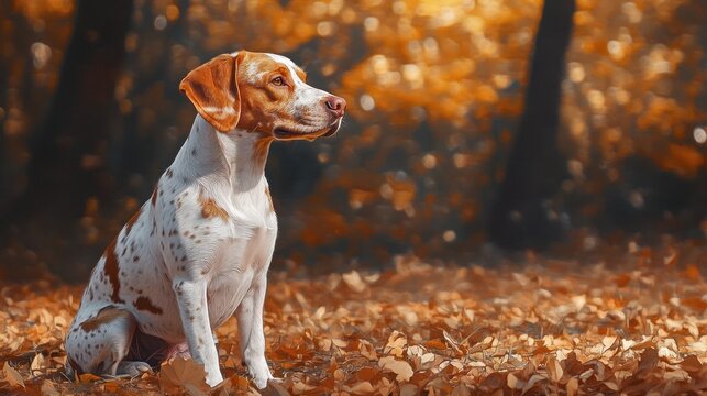 English Pointer in autumn forest, alertly observing