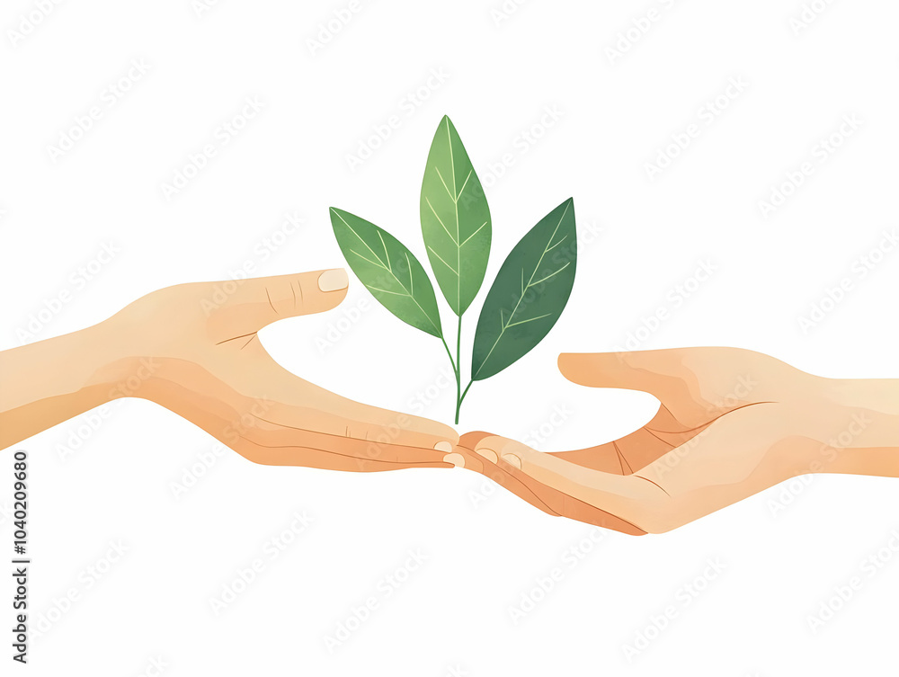 Poster flat macro hands passing leaf close up symbolizing responsibility growth community esg commitment si