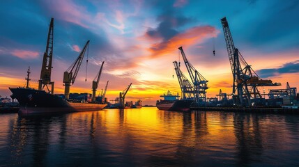 Obraz premium A contemporary harbor bustling with cranes and ships at the crack of dawn, the sky ablaze with the colors of sunrise, representing the optimism and growth in international trade