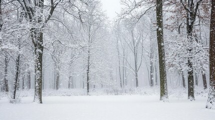 Obraz premium Snow-covered forest with bare trees and a soft snowfall creating a serene and peaceful winter scene.