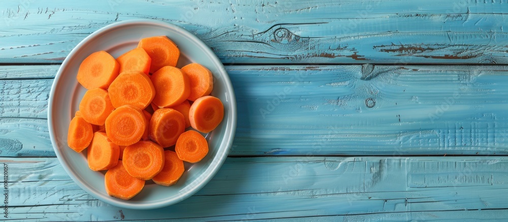 Poster carrot pieces arranged in a bowl on a pale blue wooden surface with a blank area for adding text in 
