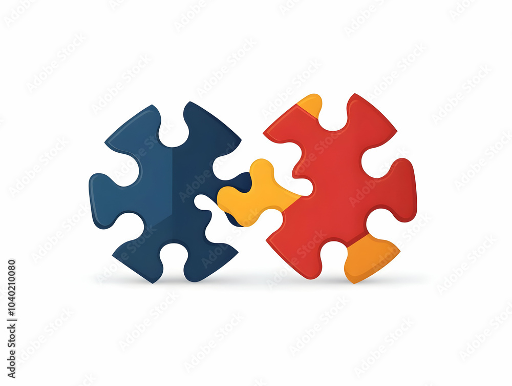Poster vector illustration of interlocked flat two puzzle pieces hovering isolated on white background symb