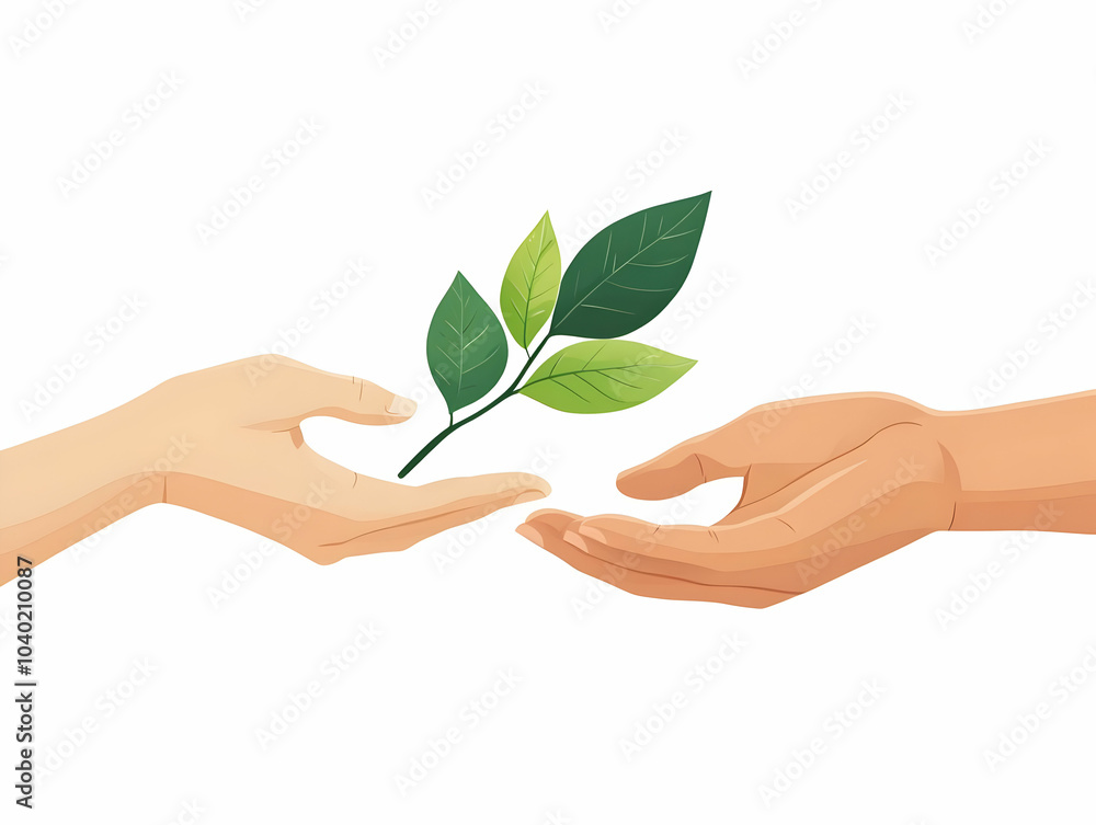 Poster flat macro of hands passing leaf close up image symbolizing responsibility growth esg community comp