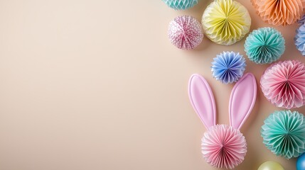 Obraz premium Colorful paper decorations arranged creatively, featuring pastel hues and a rabbit-themed design, perfect for festive celebrations like Easter.