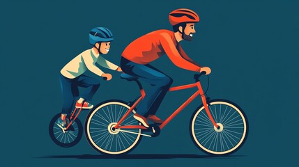 Fototapeta premium Father and son biking together, colorful illustration on a dark background.