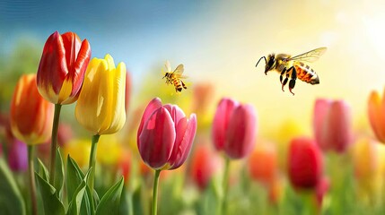 Flying honey bee hovering near a vibrant tulip, reaching out for the pollen as it approaches the colorful petals --chaos