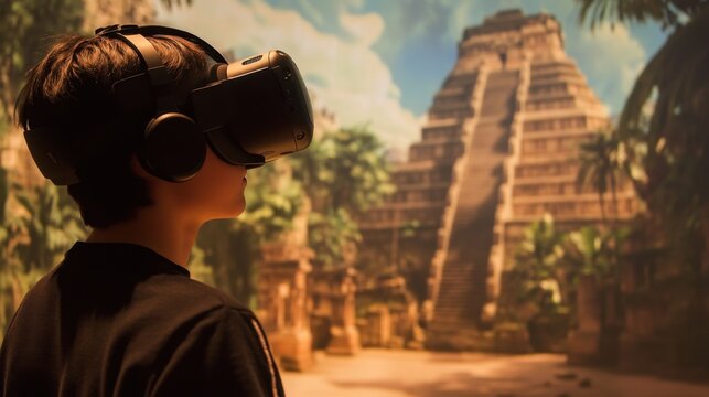 A young explorer immerses in a virtual world while standing before a magnificent ancient temple at a gaming exhibition