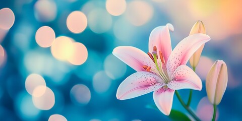 Fototapeta premium Beautiful lily flower with a bokeh background, copy space for text, banner design, blurred background, pastel colors, delicate, soft light, dreamy atmosphere