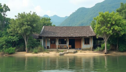 Obraz premium Tranquil lakeside retreat amidst natures beauty