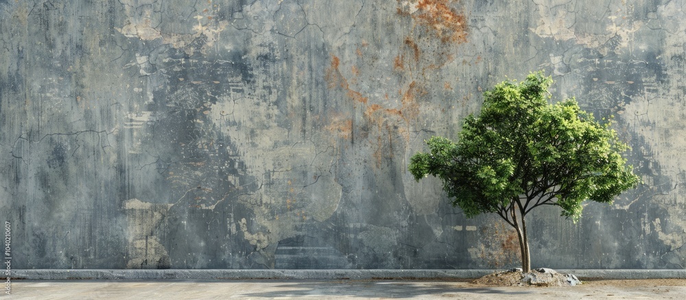 Poster a tree planted in front of a blank and weathered wall with ample space for adding text or images