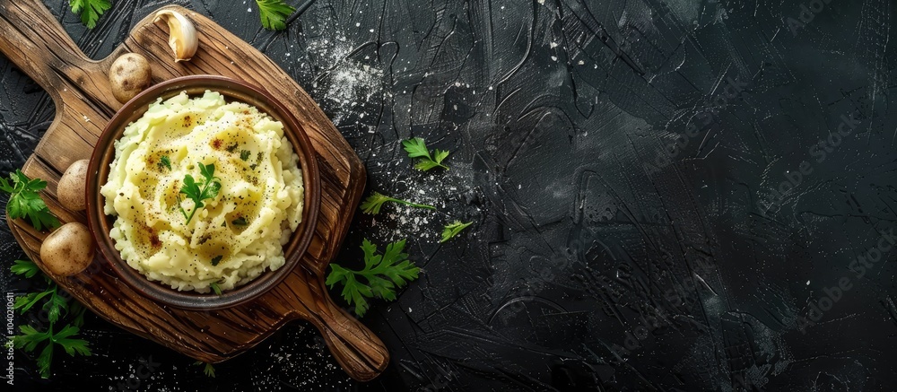 Poster top view flat lay of a wooden board with a bowl of mashed potatoes and cutlet set against a dark rus