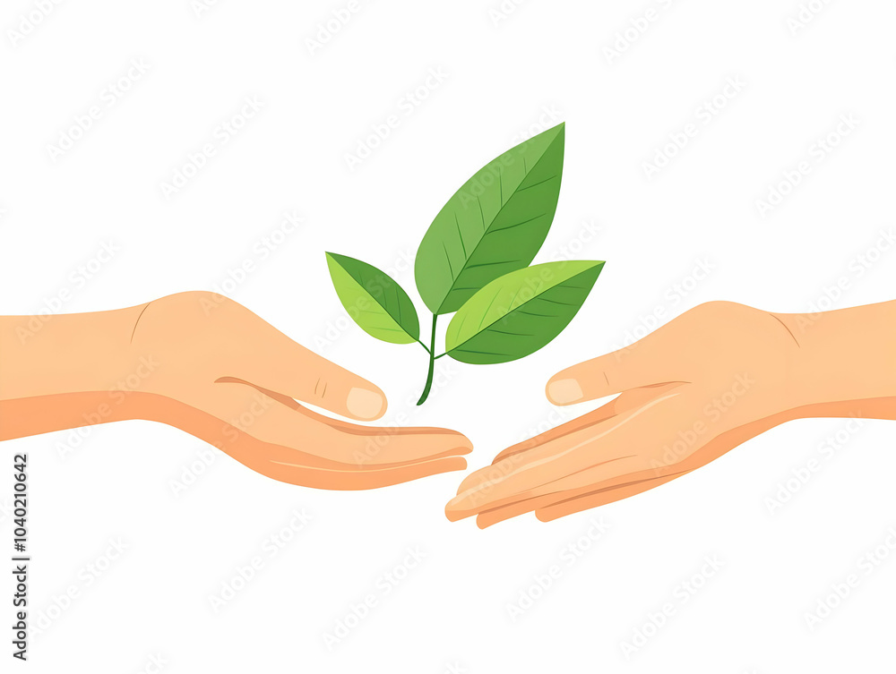 Poster flat macro image hands passing green leaf close-up symbolizing responsibility growth community commi