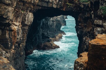 Obraz premium A stunning natural rock archway frames a scene of vibrant blue ocean waves crashing into the rocky formations, creating a powerful and mesmerizing spectacle.