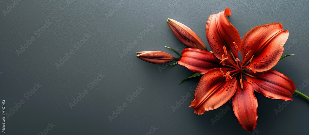 Poster a stunning red lily is showcased on a gray background in this postcard design with copy space image