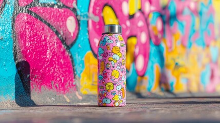 Urban Expression: Thermo Water Bottle Adorned with Vibrant Stickers on Graffiti Wall - Celebrating Youth Culture and Individuality in Ultra-Detailed Shot