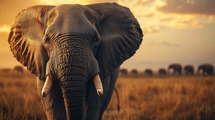 Obraz premium Majestic Elephant at Golden Sunset in the Plains