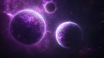 Naklejka premium An ethereal cosmic scene showcasing glowing purple planets amidst a starry background, evoking a sense of mystery and wonder in the universe.