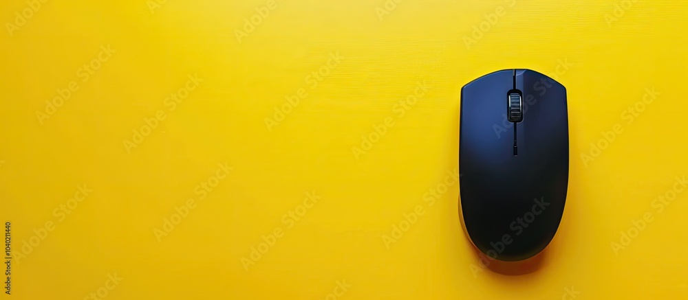 Poster yellow background with a wireless mouse placed strategically leaving ample copy space image for text