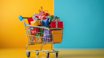 Colorful shopping cart filled with festive gift boxes
