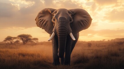Obraz premium Solitary elephant under a peaceful golden sky