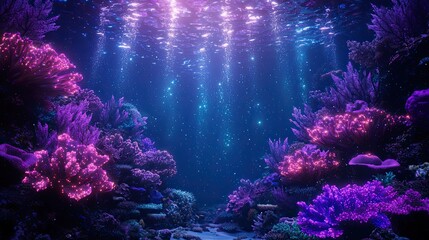 Obraz premium A vibrant underwater scene showcasing colorful corals illuminated by beams of sunlight filtering through the ocean surface.