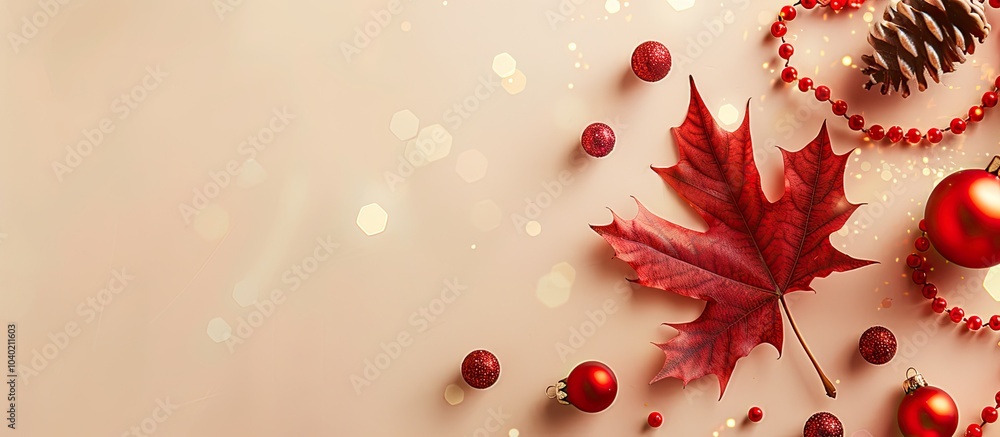 Poster maple leaf with festive decorations displayed on a light background with ample copy space image