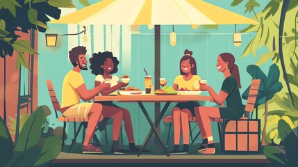 Group of four friends enjoying drinks and food at a tropical cafe.