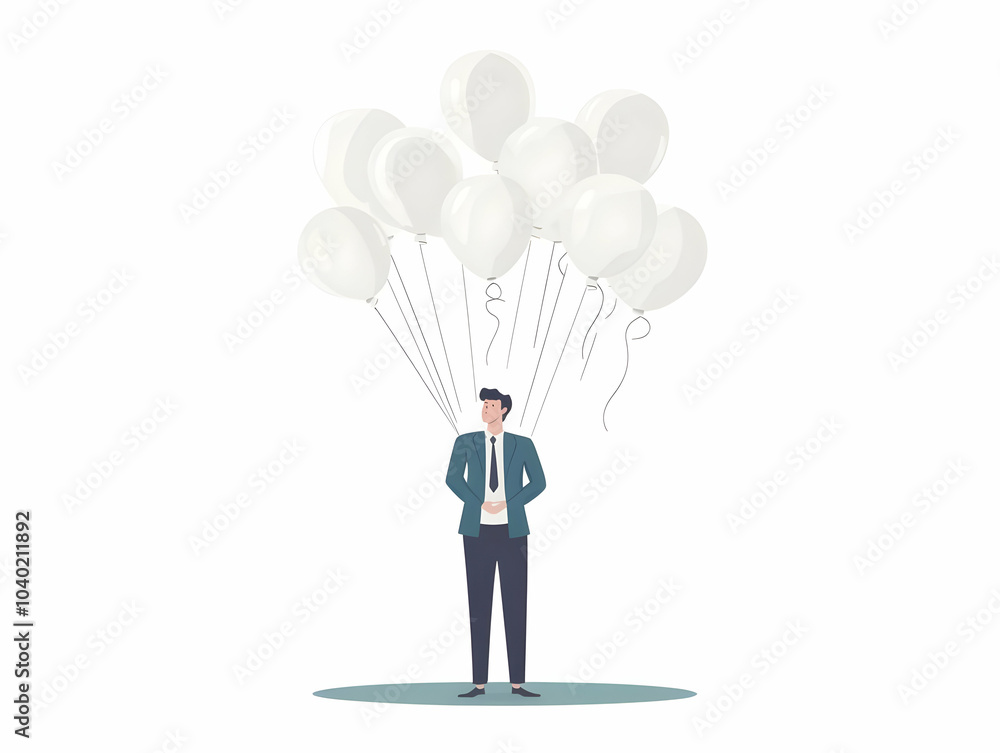 Sticker Flat Stress Relief White Balloon Vector Illustration - Popping Balloon with 'Stress' Text and Positive Words, Camera Follow of Expansion and Burst on White Background, Simple Business Concept