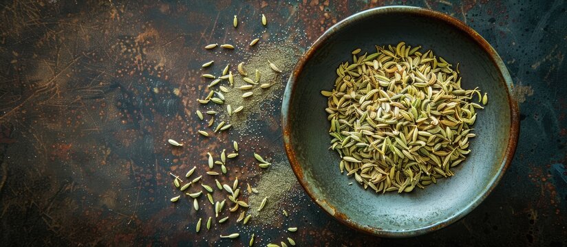 Plate with fresh raw green Fennel seeds beneficial for digestion with copy space image