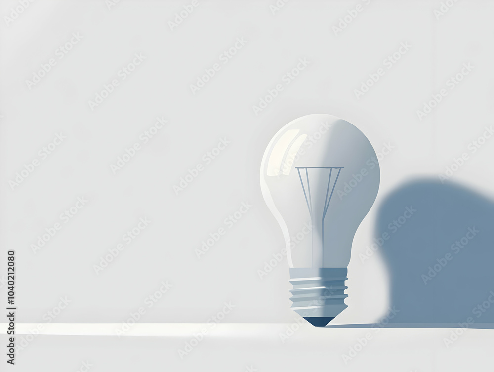 Poster flat plain light bulb close-up on glossy white background - ample copy space for esg innovation conc