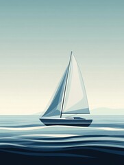 Obraz premium A sleek sailboat navigates calm waves, reflecting the smooth, serene waters and peaceful atmosphere at dawn. Generative AI