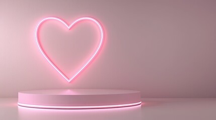 A glowing pink heart on a circular platform against a soft backdrop, conveying love and warmth in a minimalist design.