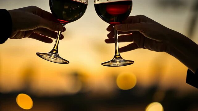 Two hands clink wine glasses in a toast at sunset