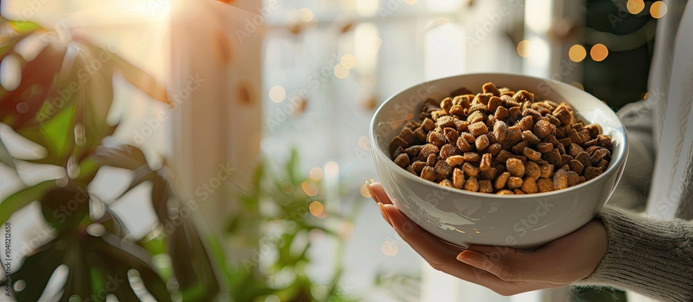 Poster a detailed picture shows dry cat food in a bowl held by a person against a gentle light background w