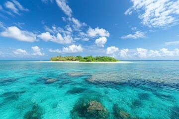 A sweeping view from the ocean reveals a distant island surrounded by clear blue waters under a sky dotted with clouds, inviting thoughts of discovery and adventure.