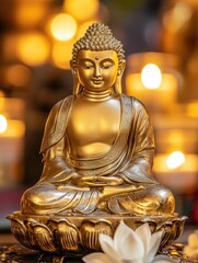 Fototapeta premium Buddha of tranquility seated on golden lotus petals