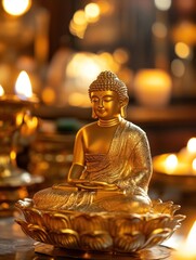 Fototapeta premium Serene golden Buddha statue in candlelit peace